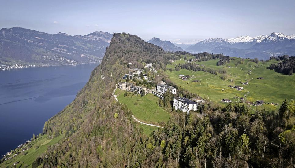 The mount Buergenstock with the Buergenstock Resort is seen above Lake Lucerne on Thursday, April 11, 2024 in Obbuergen, central Switzerland. Switzerland's Buergenstock resort is to host a two-day peace conference in June, the Swiss government announced. 