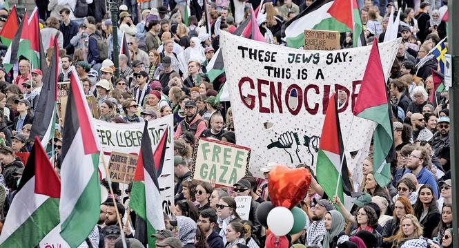 Pro-Palestinian demonstrators gather for a protest against the participation of Israeli contestant Eden Golan ahead of the final of the Eurovision Song Contest in Malmo, Sweden, Saturday, May 11, 2024. Israeli contestant Eden Golan has become a focus for 