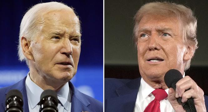 In this combination photo, President Joe Biden speaks May 2, 2024, in Wilmington, N.C., left, and Republican presidential candidate former President Donald Trump speaks at a campaign rally, May 1, 2024, in Waukesha, Wis. President Joe Biden says he won?t 